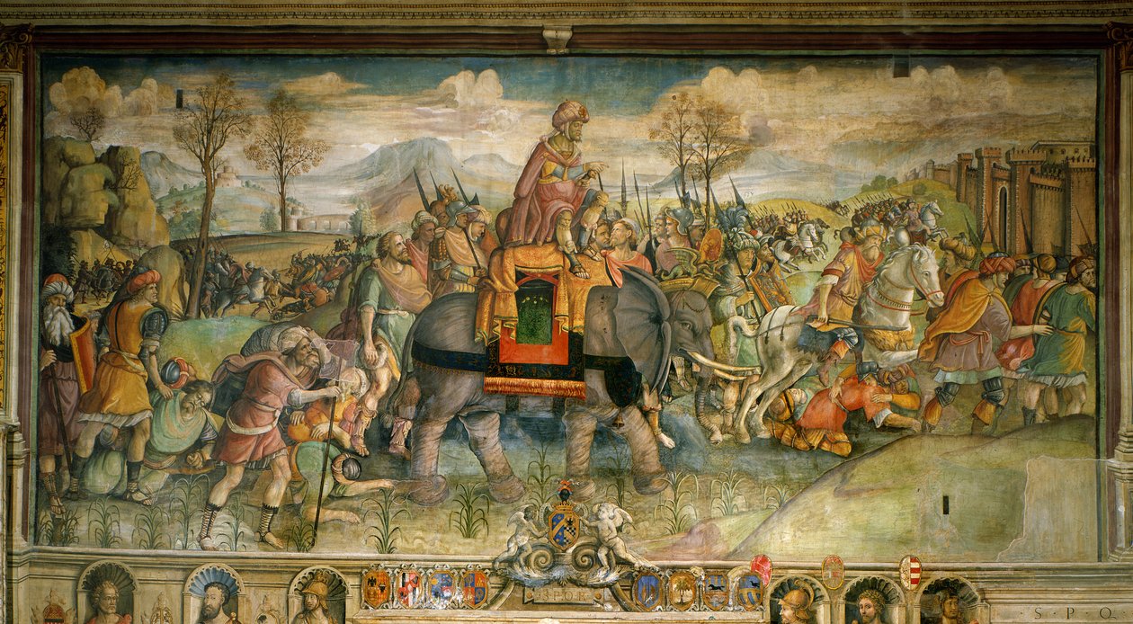 Kalkmaleri, der forestiller Hannibal, der ankommer til Italien. Af Jacopo Ripanda. Slutningen af det 16. århundrede. Palazzo des Conservatori, Rom - Hannibal krydser Alperne, 218 f.Kr., af Jacopo Ripanda (aktiv ca. 1500-1516), ca. 1510, fresko fra Conserva af Jacopo Ripanda