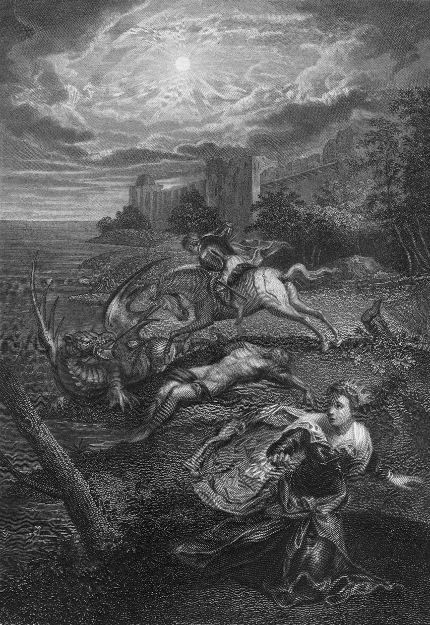Sankt Georg og dragen (kobberstik) af Jacopo Robusti (after) Tintoretto