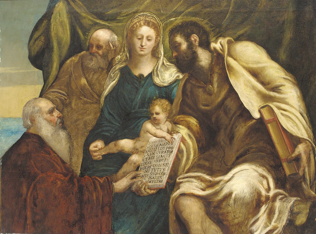 Den Hellige Familie og Doge Ranieri (olie på lærred) af Jacopo Robusti (studio of) (attr. to) Tintoretto