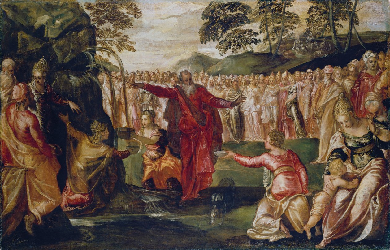 Moses slår på klippen, ca. 1555-70 (olie på lærred) af Jacopo Robusti (workshop of) Tintoretto