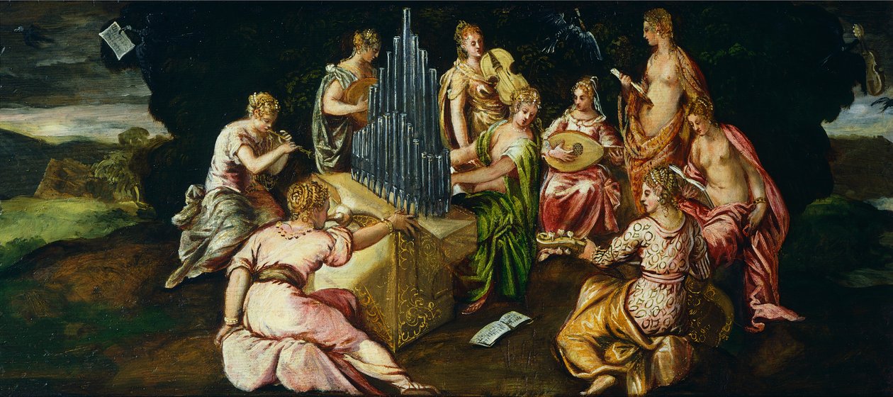Konkurrence mellem Muser og Pierides, af Jacopo Robusti kendt som Tintoretto (1519-1594), olie på panel, 46x91 cm af Jacopo Robusti Tintoretto
