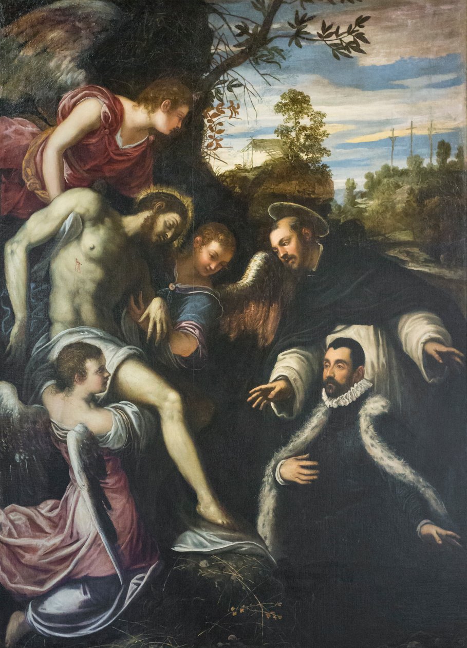 Død Kristus støttet af tre engle, Sankt Dominikus og donor af Jacopo Robusti Tintoretto