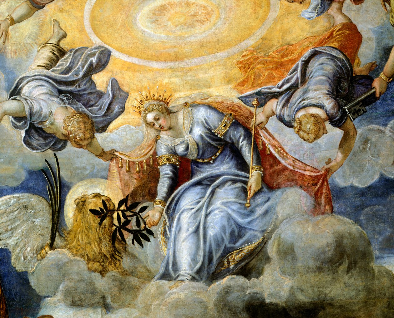 Doge Niccolo da Ponte modtager olivengren fra Venedig, af Jacopo Robusti kendt som Tintoretto (1518-1594), Detail, Sala del Maggior Consiglio (Hall of Great Council), Palazzo Ducale, Venedig af Jacopo Robusti Tintoretto