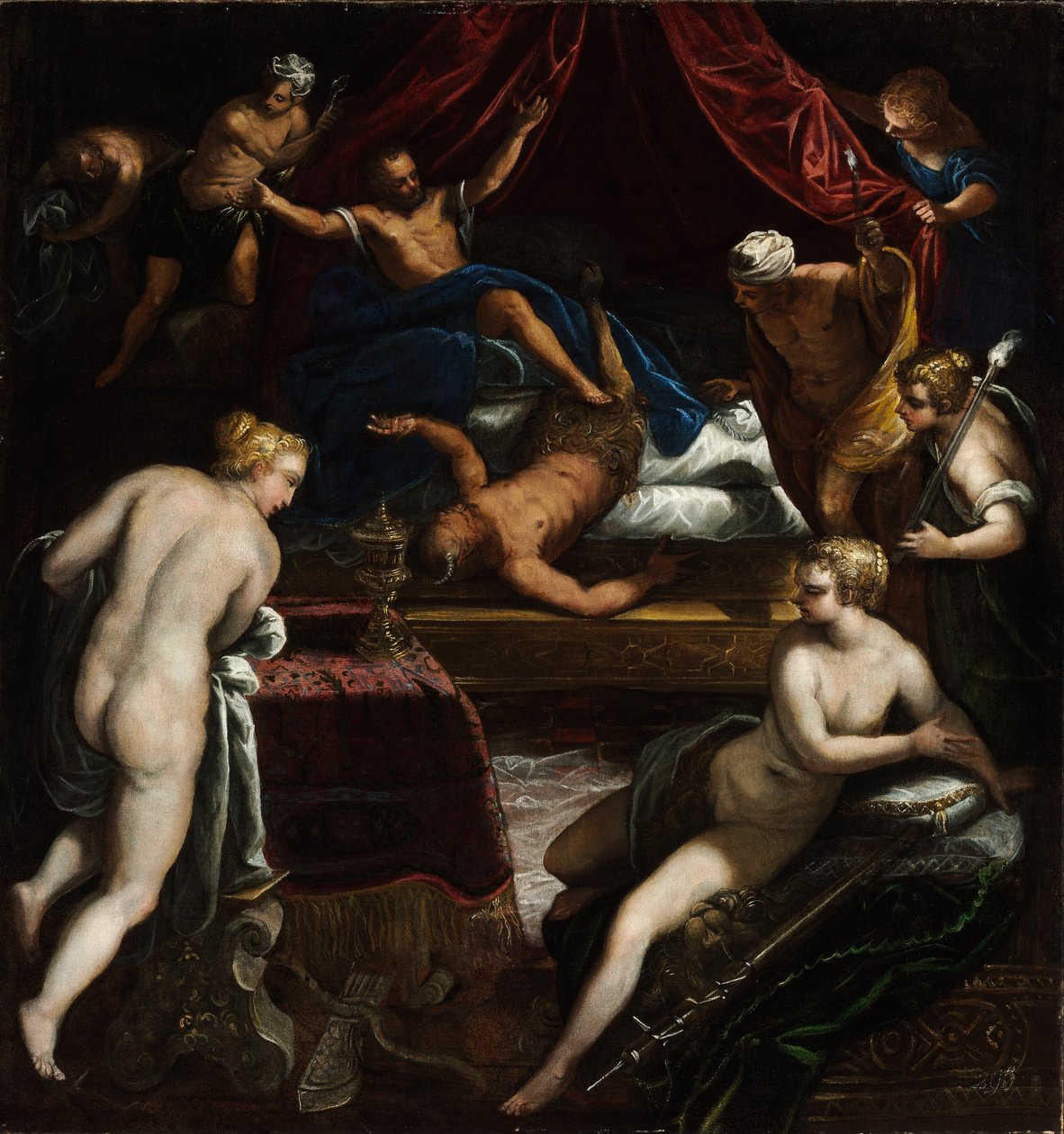 Hercules uddriver faunen fra Omphales seng af Jacopo Robusti Tintoretto
