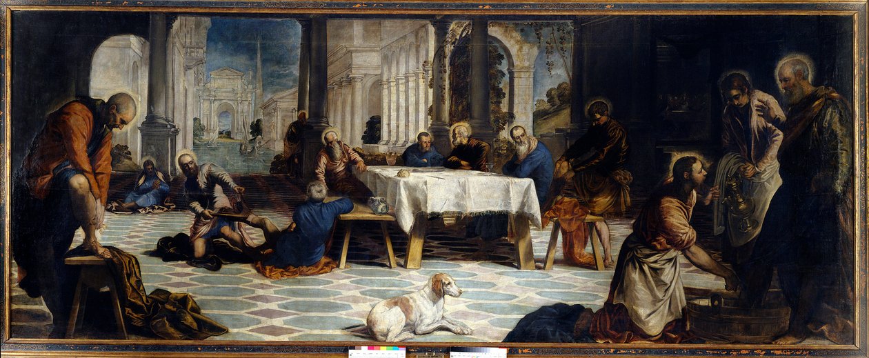 Jesus Kristus vasker sine disciples fødder. Maleri af Jacopo Robusti detto Il Tintoretto (Tintoret af Jacopo Robusti Tintoretto