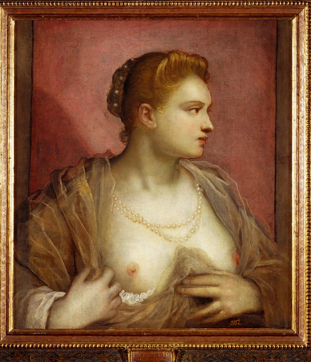 Dame, der blotter sit bryst; måske den berømte venetianske kurtisane Veronica Franco ... (maleri på lærred) af Jacopo Robusti Tintoretto