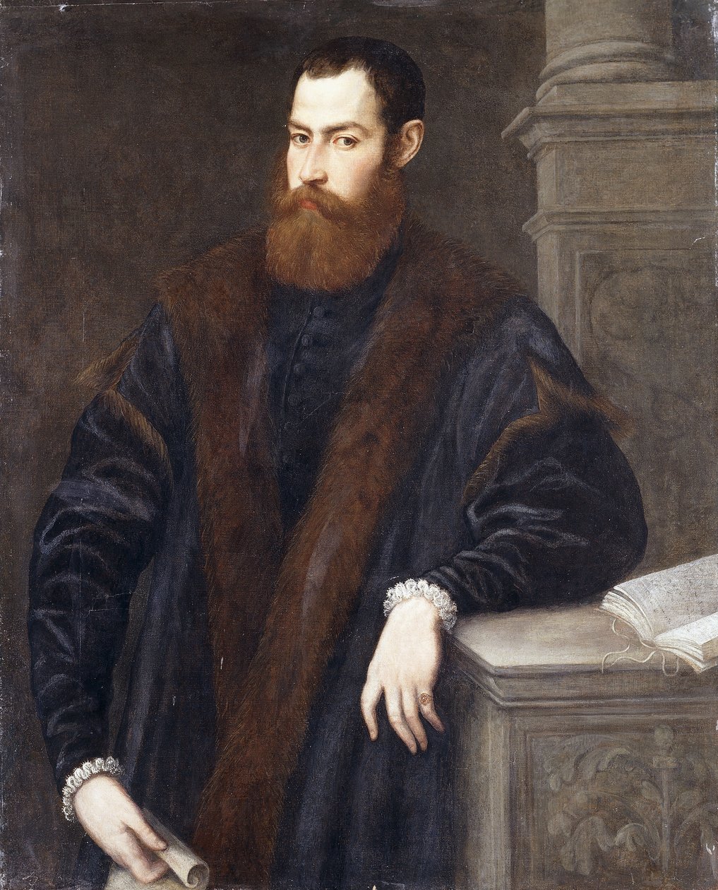 Portræt af en herre, trekvart længde, i en pelsklippet frakke, der holder et dokument og læner sig op ad en piedestal, af Jacopo Robusti Tintoretto