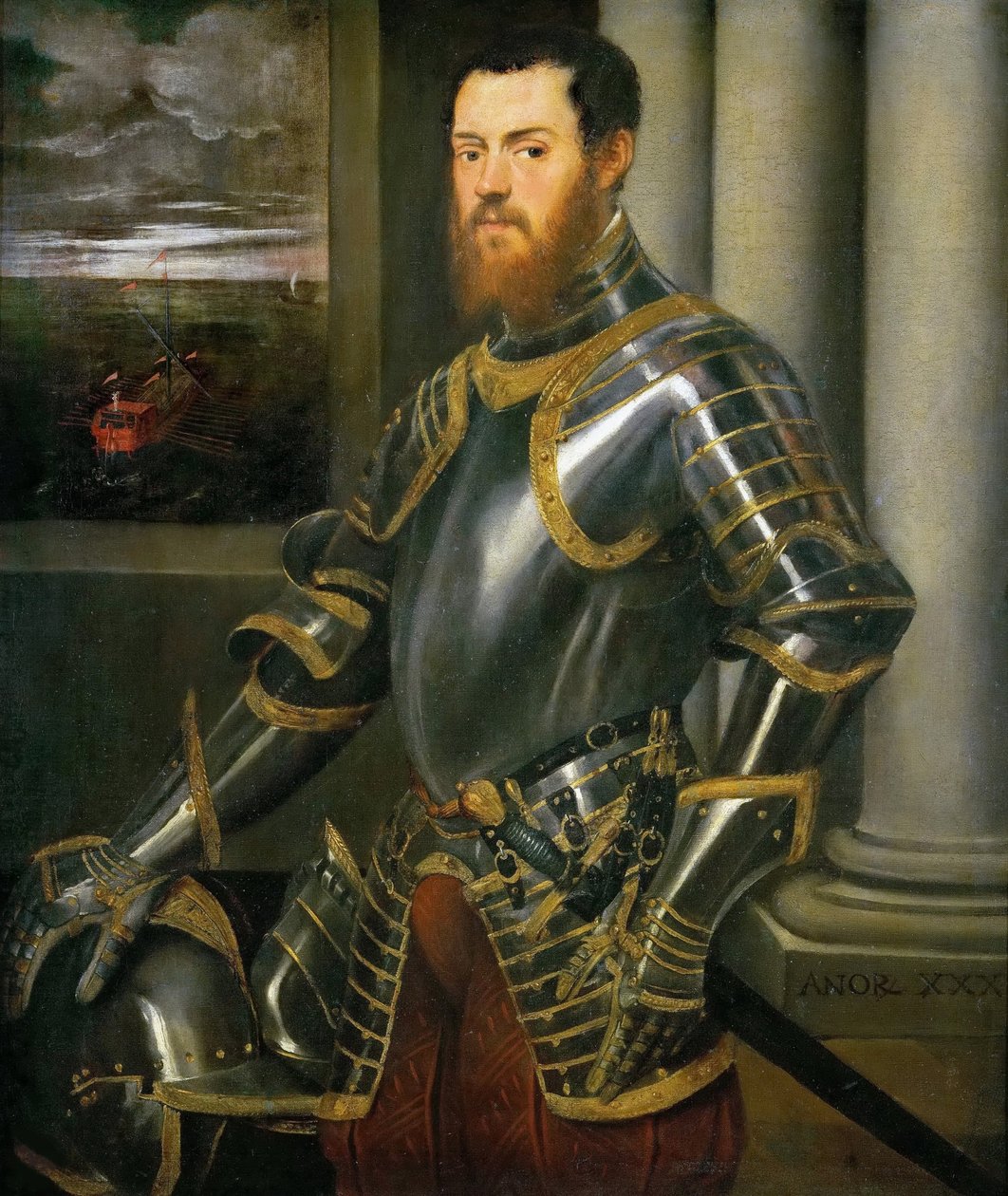 Portræt af en mand i en gulddekoreret rustning, ca 1555. af Jacopo Robusti Tintoretto