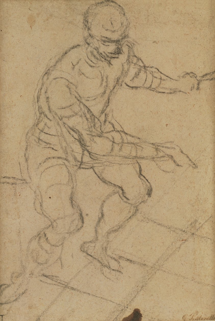Siddende mand set fra oven (sort kridt på papir) (recto) (se 160813 for verso) af Jacopo Robusti Tintoretto