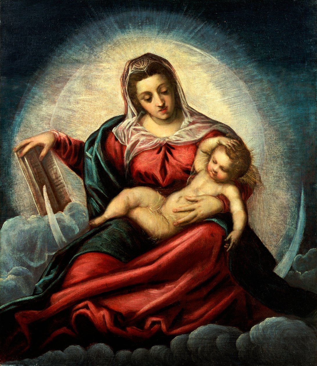 Madonnaen og barnet i en mandorla på en halvmåne og skyer, med visdommens bog af Jacopo Robusti Tintoretto