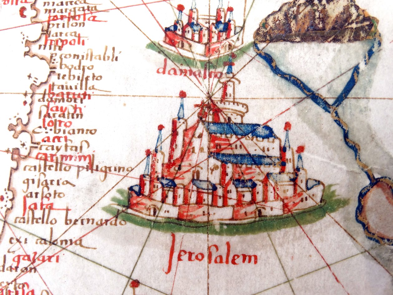 Detalje med Jerusalem og Damaskus fra et renæssancekort over Europa, Jacopo Russo (efter), 1528 af Jacopo Russo