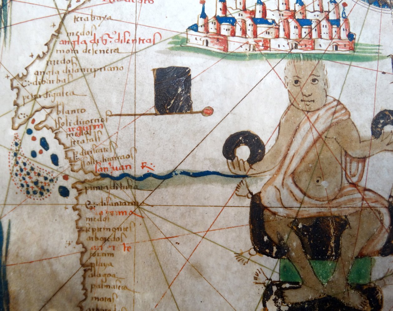 Detalje, der viser en afrikansk hersker fra et renæssancekort over Europa, Jacopo Russo (efter), 1528 af Jacopo Russo