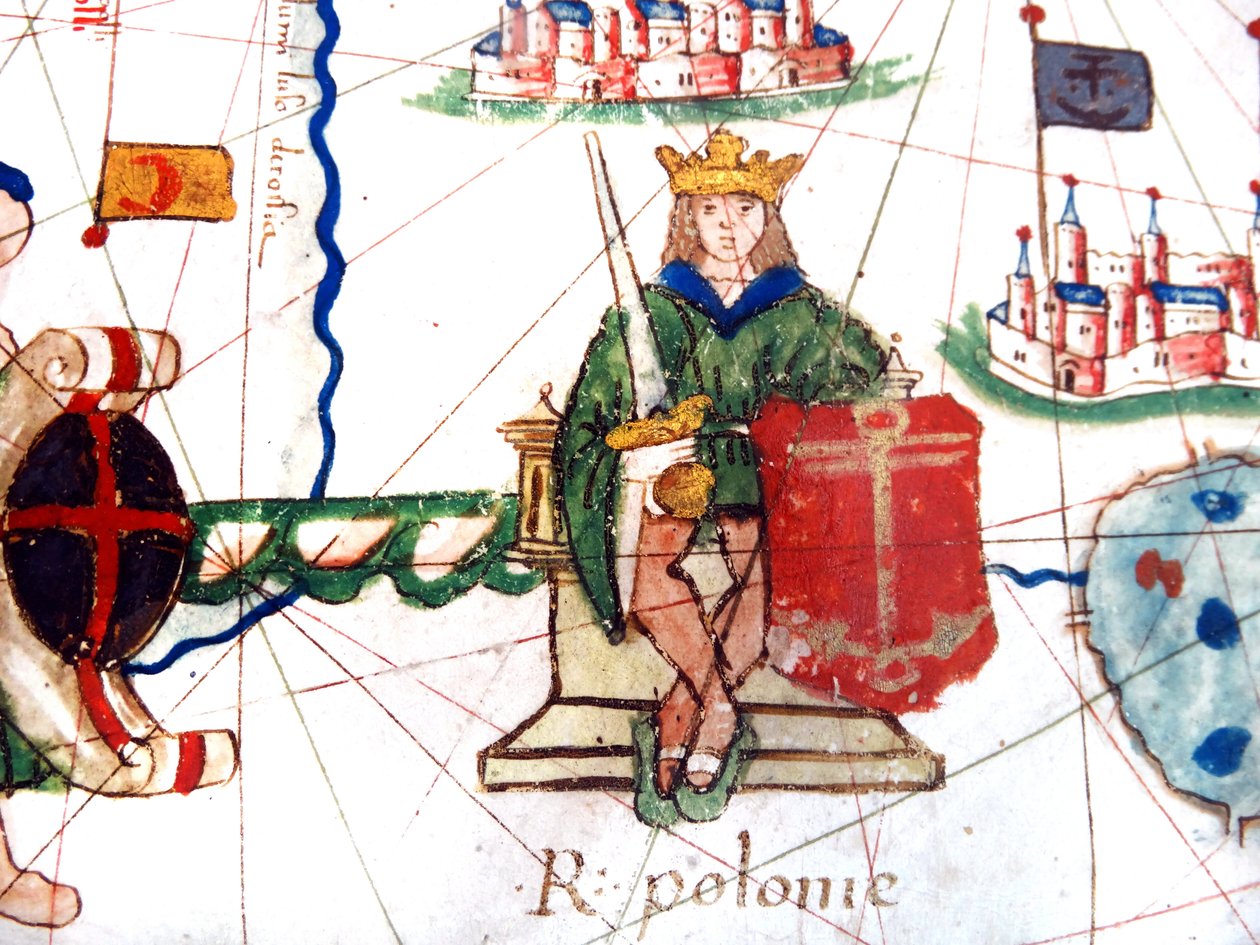 detalje af kongen af Polen fra et renæssancekort over Europa, Jacopo Russo (efter), 1528 af Jacopo Russo