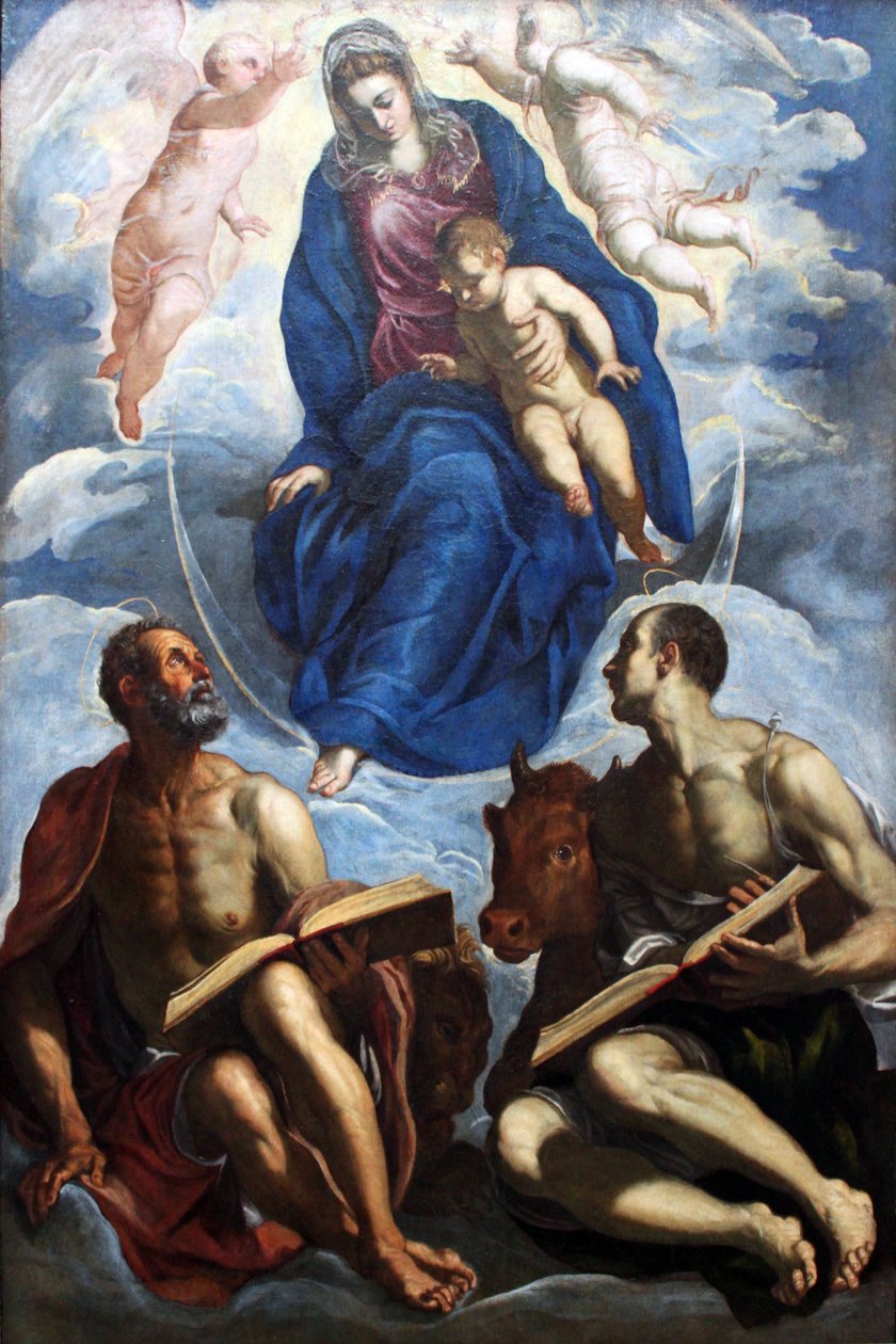 Maria med barnet, tilbedt af evangelisterne Markus og Lukas af Jacopo Robusti Tintoretto