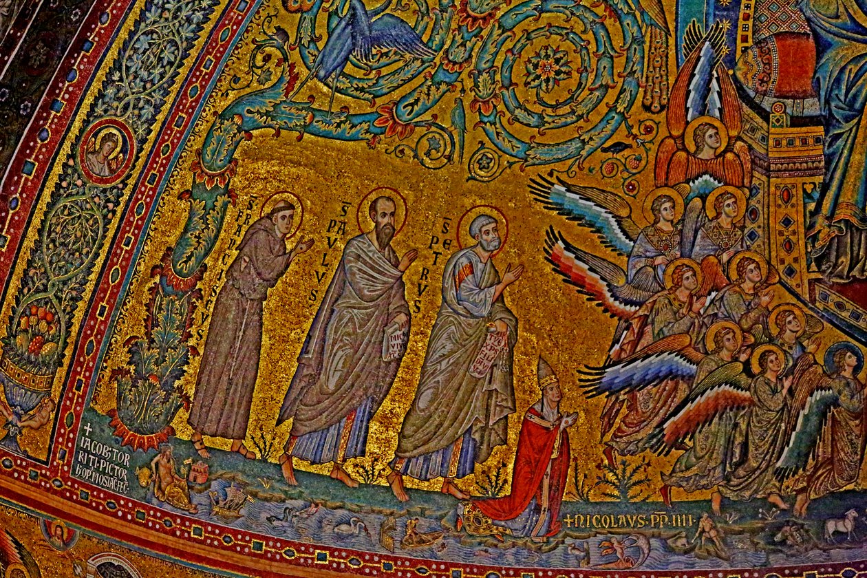 Sankt Frans, Sankt Paul, Sankt Peter, pave Nicholas IV og engle, der deltager i Jomfruens kroning, apsis, mosaik omkring 1290 af Jacopo Torriti