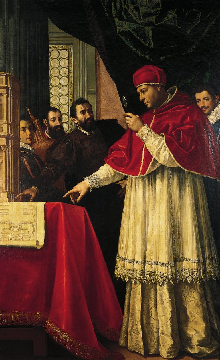 Michelangelo præsenterer modeller til facaden på San Lorenzo, Laurentian Library og Medici-gravene for pave Leo X og kardinal Giulio de Medici. af Jacopo da Empoli (and workshop)