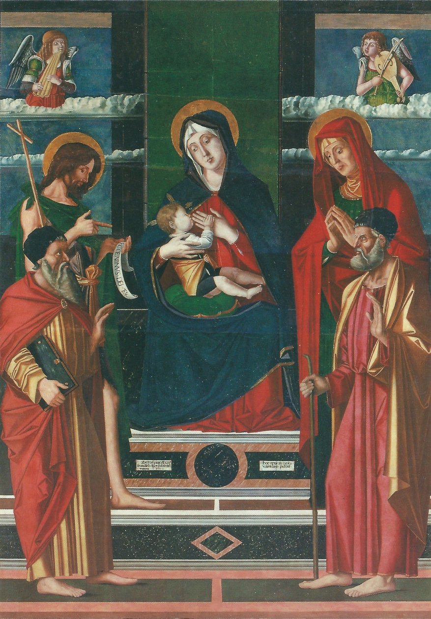 Pala di Jacopo da Valenza Alternativ(e) titel(r):   Madonna med barn med de hellige Josef, Johannes Døberen, Joachim og Anne af Jacopo da Valenza