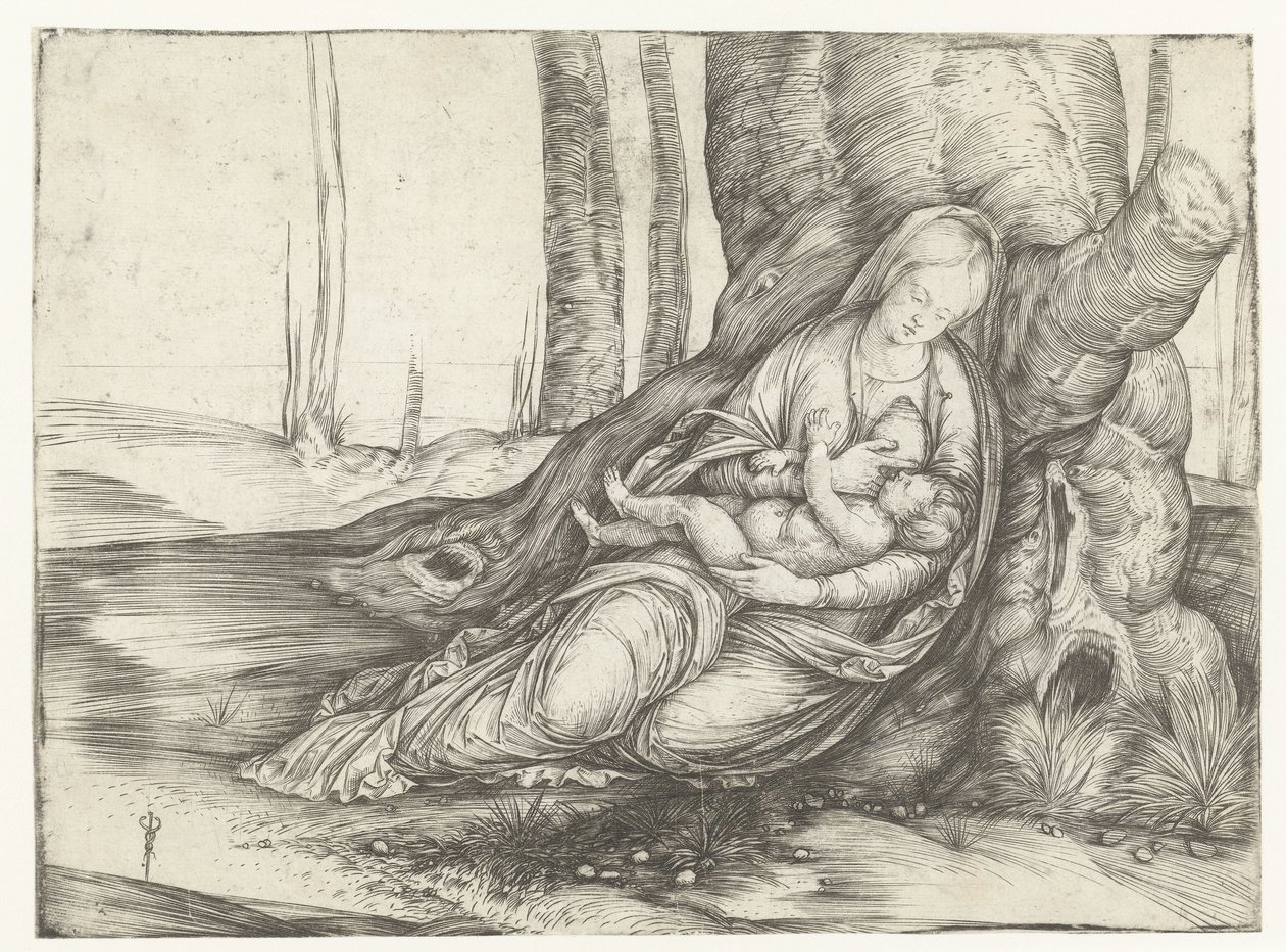 Mary med barn ved brystet sidder foran foden af ​​et træ af Jacopo de
