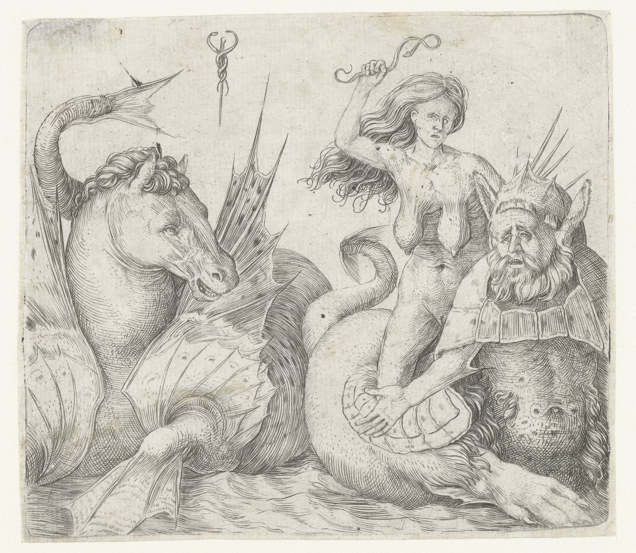 Gammel kvinde på bagsiden af ​​triton ved siden af ​​hippocampus Fury på bagsiden af ​​triton af Jacopo de