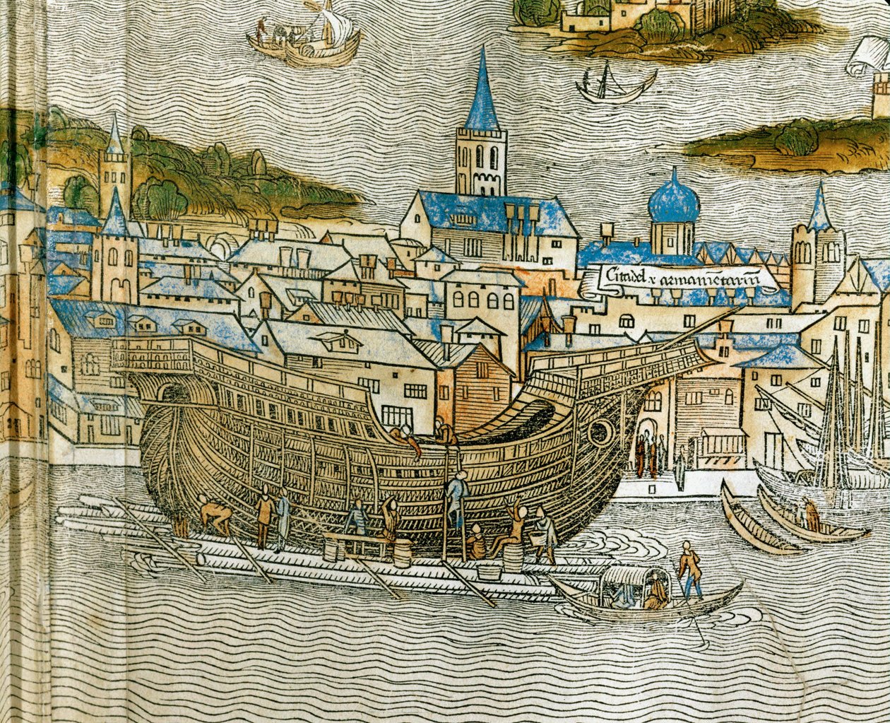 Bygning af en galej på et skibsværft i Venedig, fra Peregrinatio in Terram Sanctam, først trykt på latin i 1486 ... (træsnit) af Jacopo de