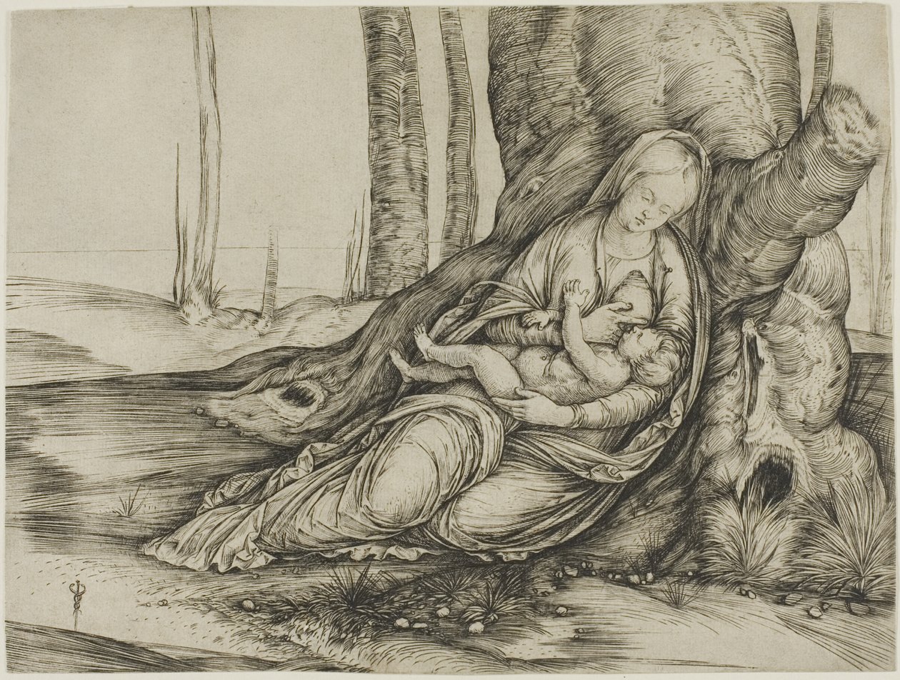 Jomfruen og barnet ligger op ad et træ af Jacopo de