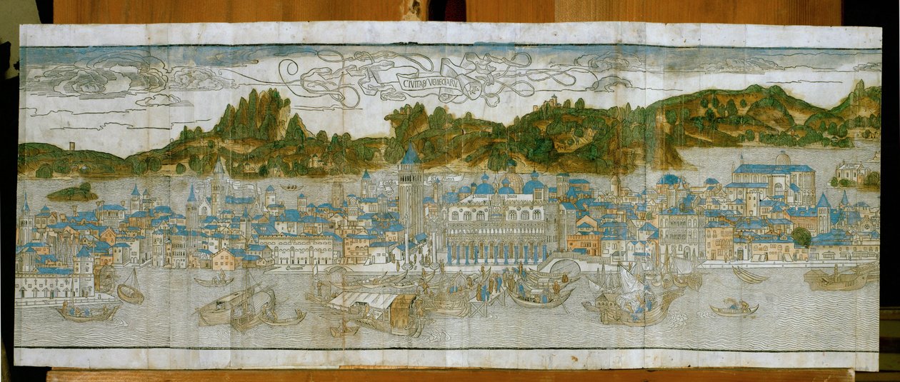 Venedig med Markuspladsen, Dogepaladset og den gamle campanile ... (træsnit) af Jacopo de