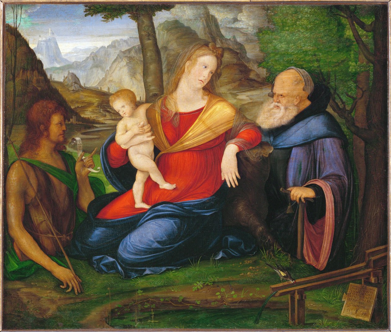 Jomfru med barn mellem Johannes Døberen og Sankt Antonius Abbas ... af Jacopo de