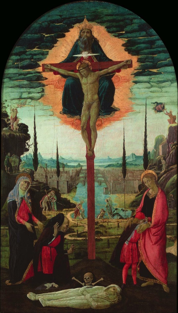 Altertavle: Treenigheden, Jomfruen, Sankt Johannes og donorer, ca. 1480 af Jacopo del Sellaio