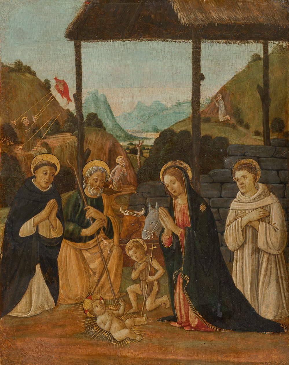 Anbetung des Kindes in Anwesenheit des Johannesknaben und der Heiligen Dominikus und Bernhard von Clairvaux af Jacopo del Sellaio