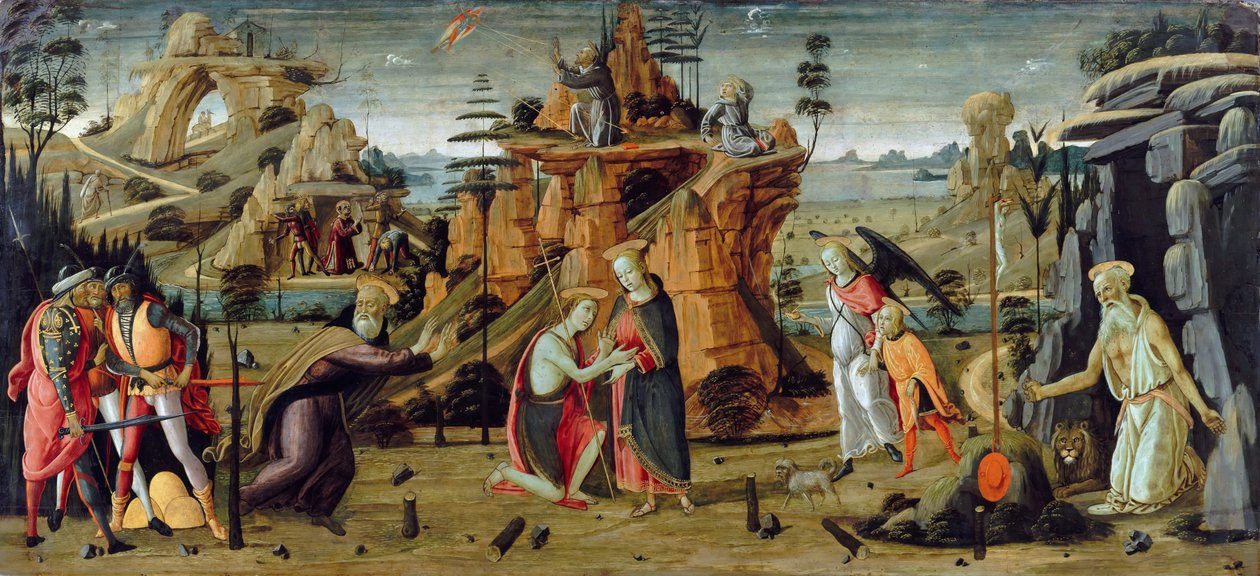 Landskab med bibelske scener og legender om helgenerne af Jacopo del Sellaio