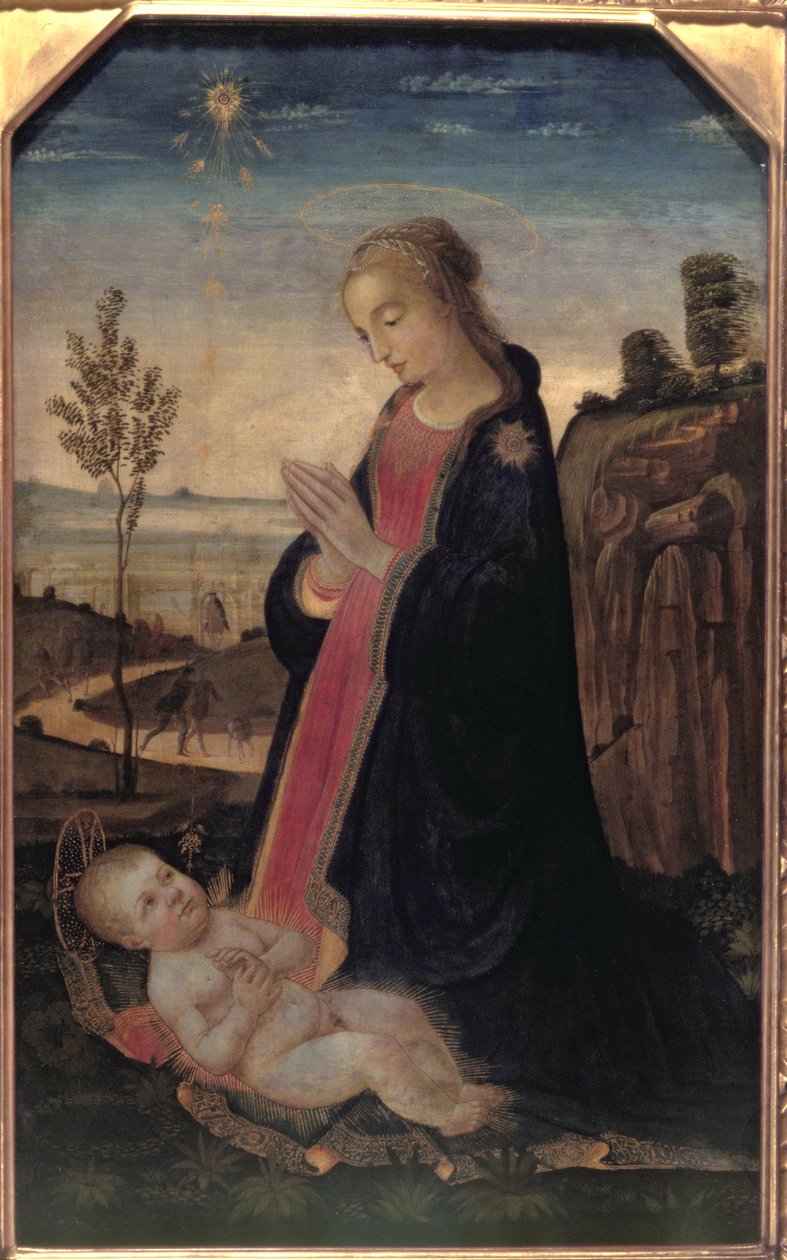 Madonna og barn i et landskab af Jacopo del Sellaio