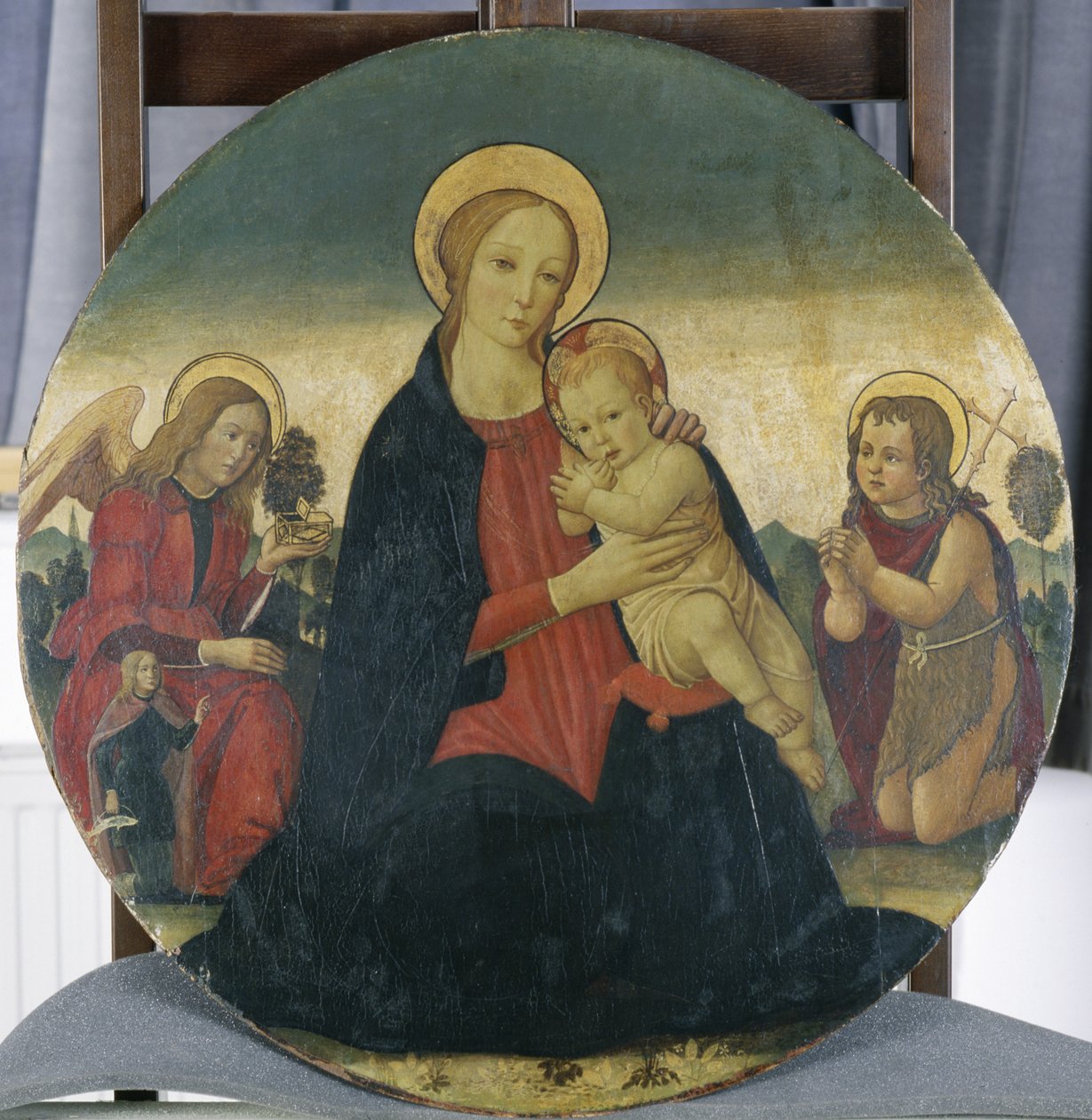 Madonna og barn med ærkeenglen Raphael og St. John, ca. 1490 (tempera på poppeltræ) af Jacopo del Sellaio