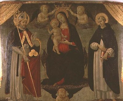 Madonna flankeret af St. Nicholas og St. Peter Martyr (panel) af Jacopo del Sellaio