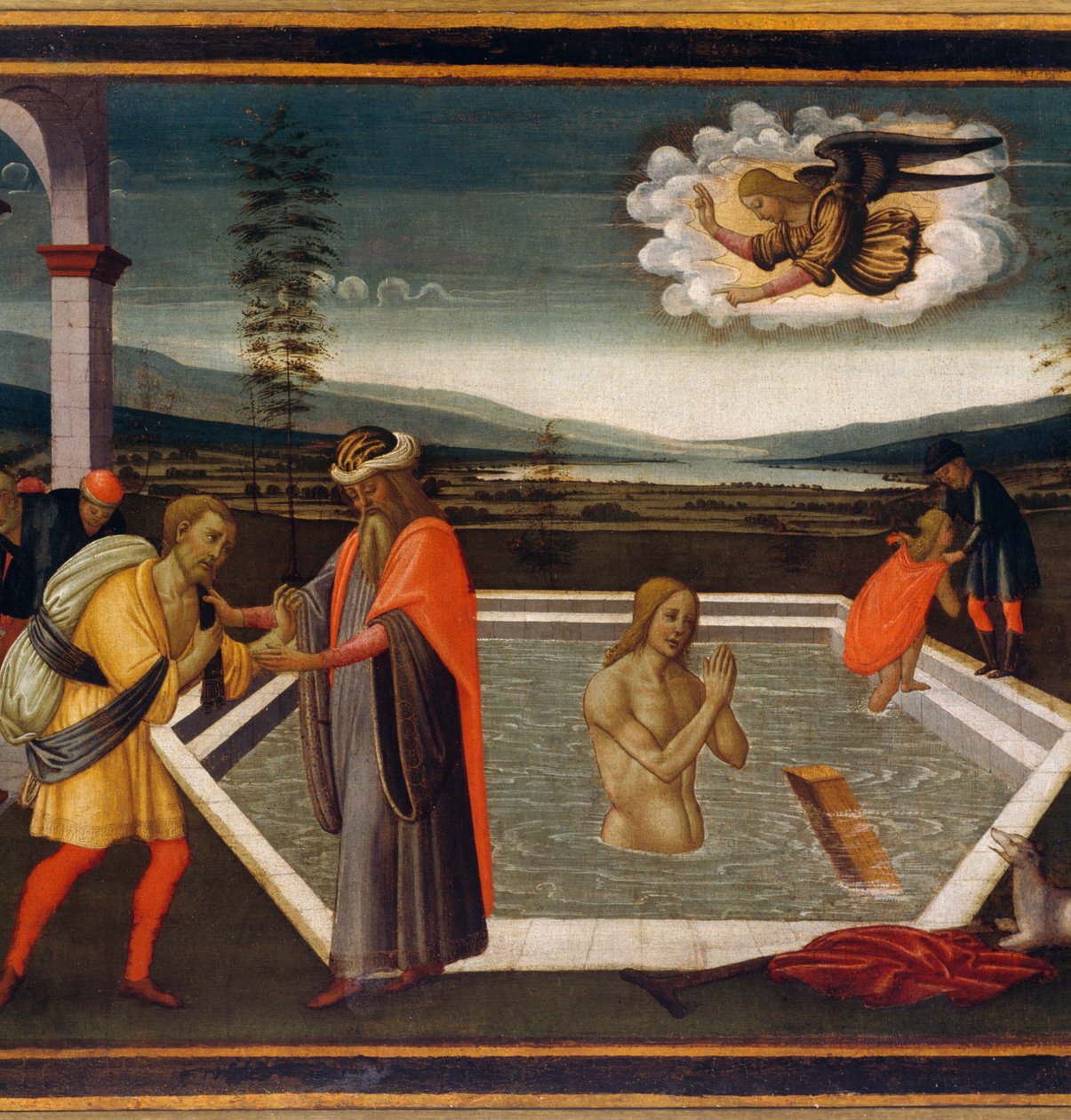 Probatic Pool, detalje med mirakel af lammelse, af Jacopo di Arcangelo eller Jacopo del Sellaio (1442-1493), Detail af Jacopo del Sellaio