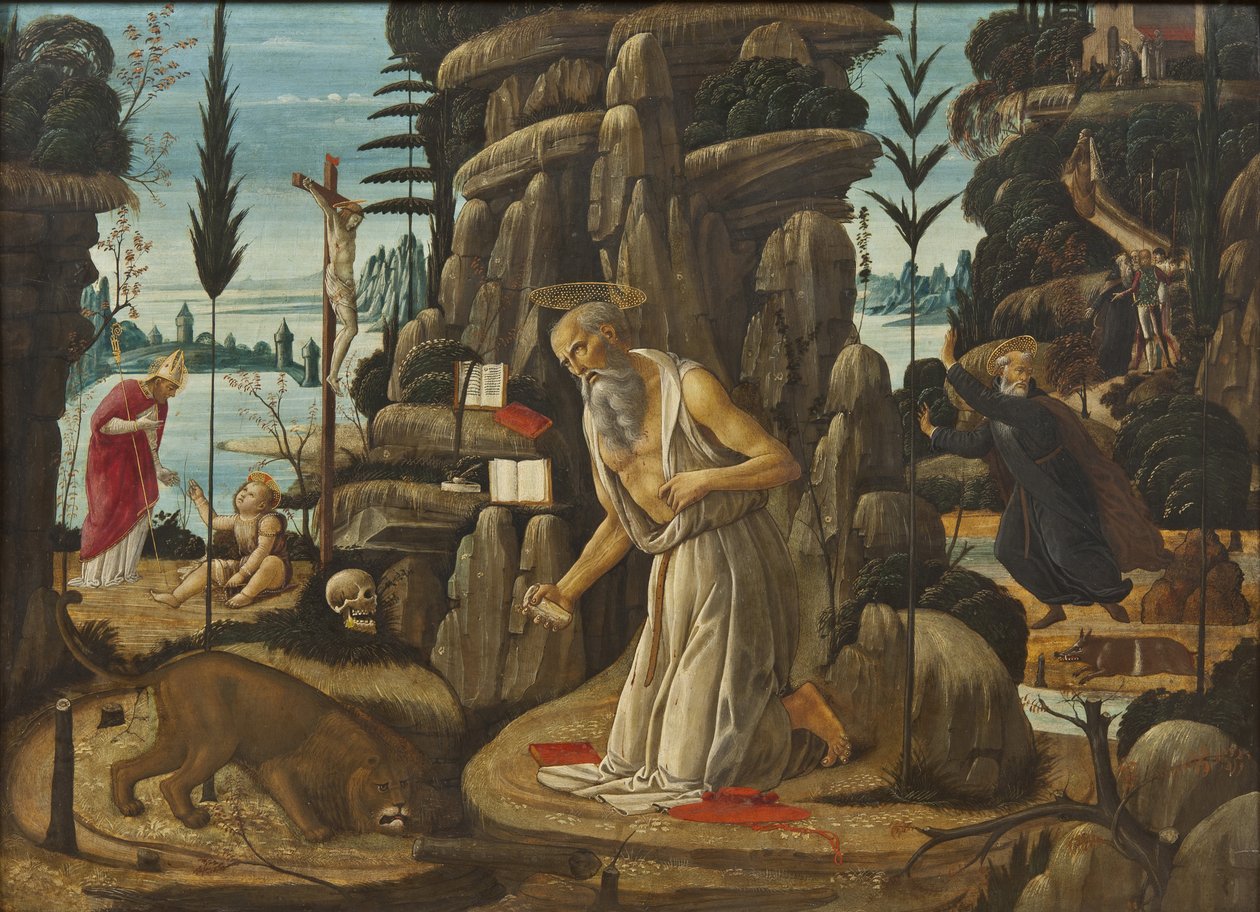 Sankt Jerome penitent - Den angrende Sankt Hieronymus, af Jacopo del Sellaio (1442-1493). Olie på træ. Mål: 66,5x91,5 cm. Nationalmuseum Stockholm af Jacopo del Sellaio