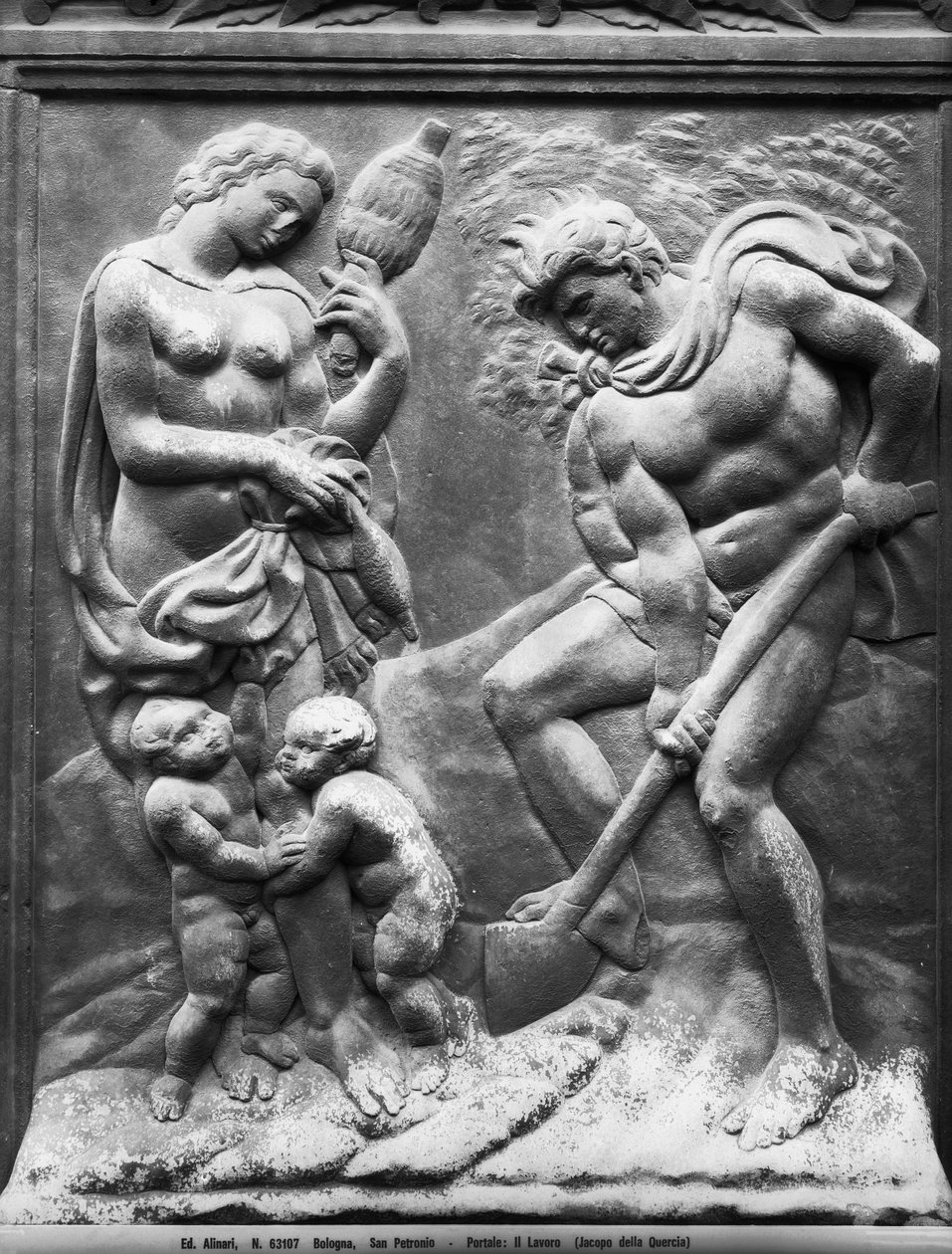 Adam og Eva tvunget til at arbejde, panel fra Porta Magna, ca. 1430 (marmor) af Jacopo della Quercia