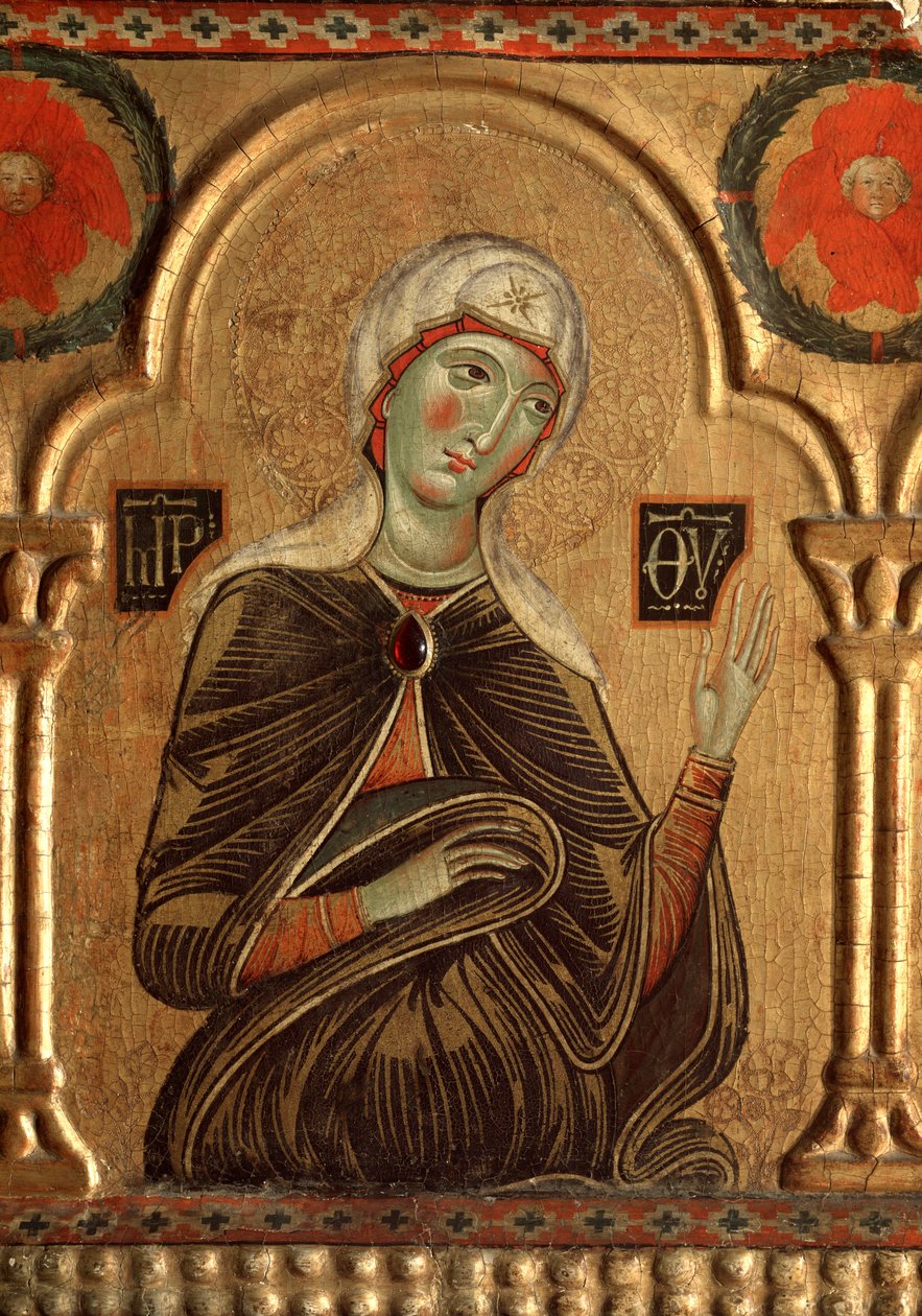 Polyptykon med forløser og helgener: Detalje af Jomfru Maria - olie på panel af Jacopo di Meliore