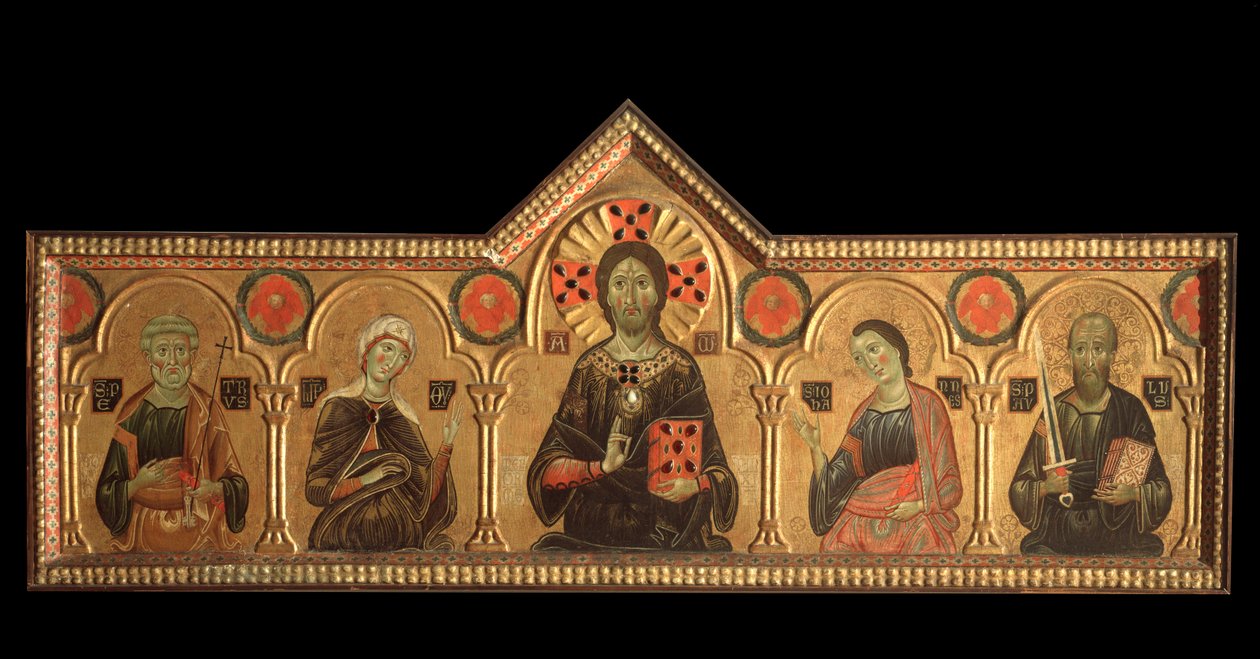 Polyptykon med forløser og helgener: Forløseren (Jesus med Jomfruen, Sankt Peter, Sankt Johannes evangelisten og Sankt Paulus) - olie på panel af Jacopo di Meliore