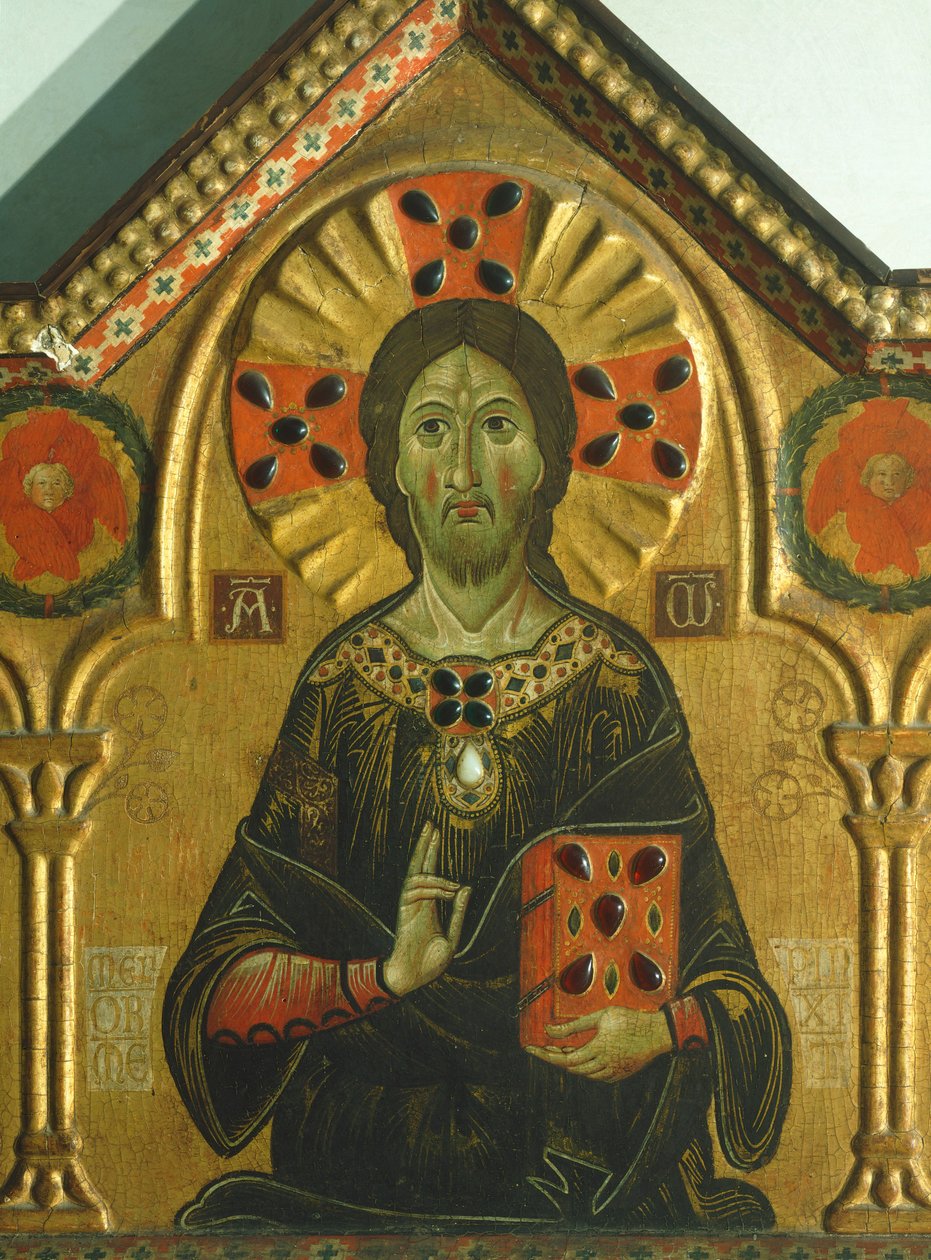 Redeemer, detalje fra Redeemer with Madonna and three Saints, af Meliore Toscano eller Meliore di Jacopo (ca. 1255-1285), tempera og guld på panel, 85x210 cm af Jacopo di Meliore