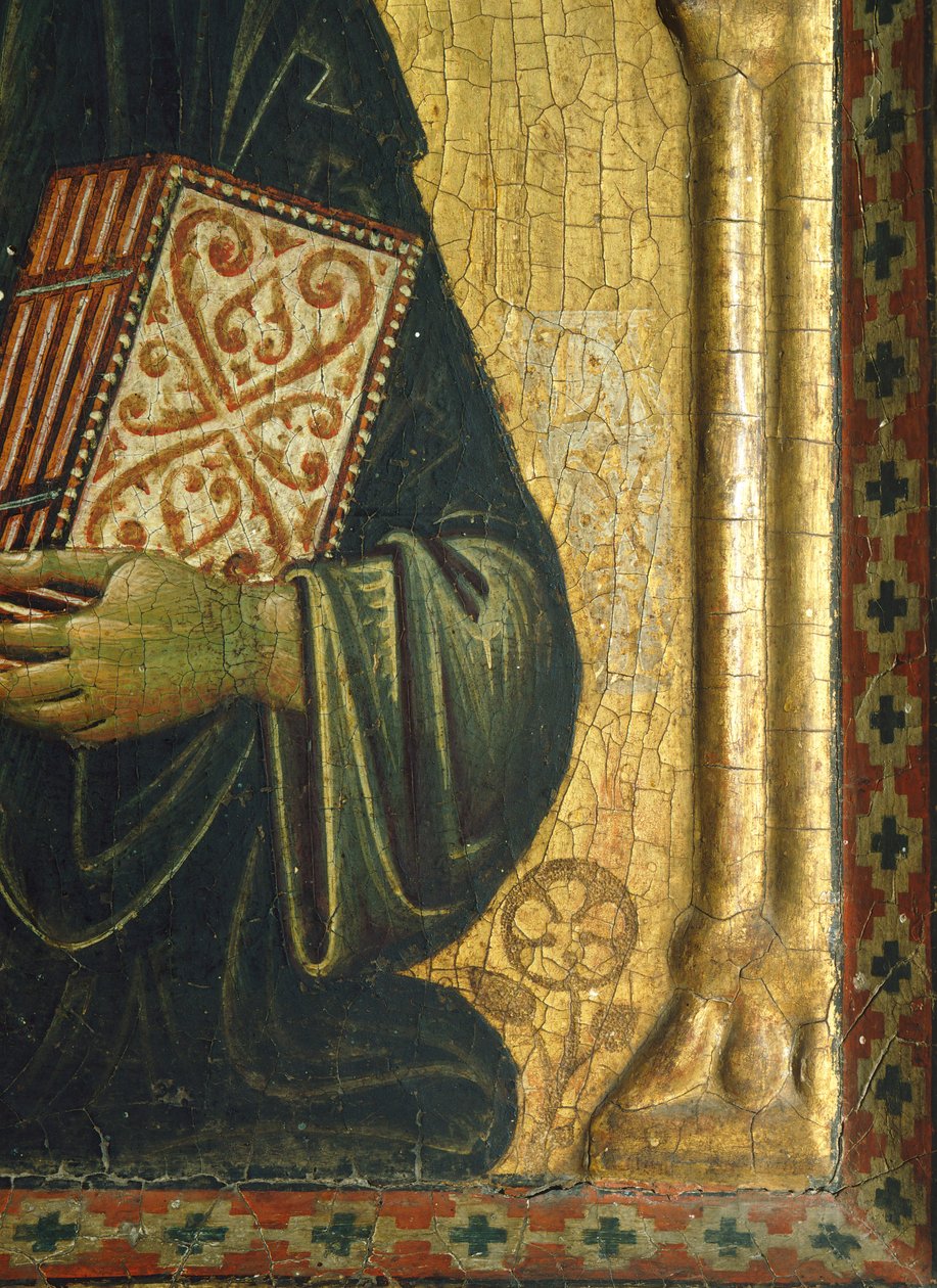 Forløseren med Madonnaen og de hellige, af Meliore Toscano eller Meliore di Jacopo (ca 1255-1285), tempera og guld på panel, 85x210 cm, detalje af Jacopo di Meliore
