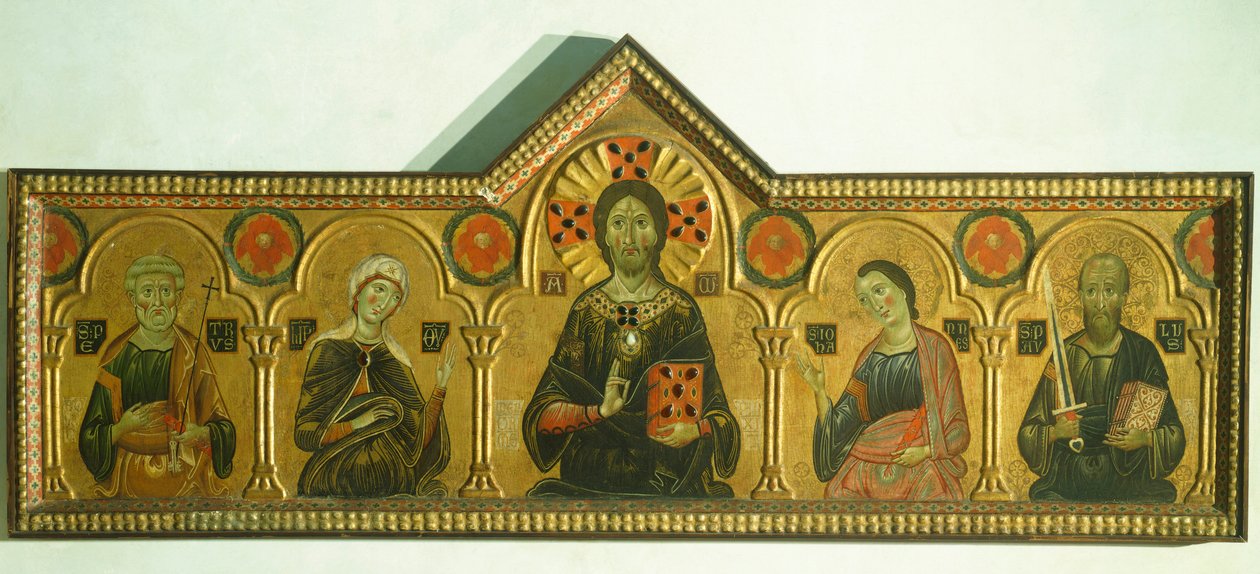 Forløseren med Madonnaen og tre hellige, af Meliore Toscano eller Meliore di Jacopo (ca 1255-1285), tempera og guld på panel, 85x210 cm, detalje af Jacopo di Meliore