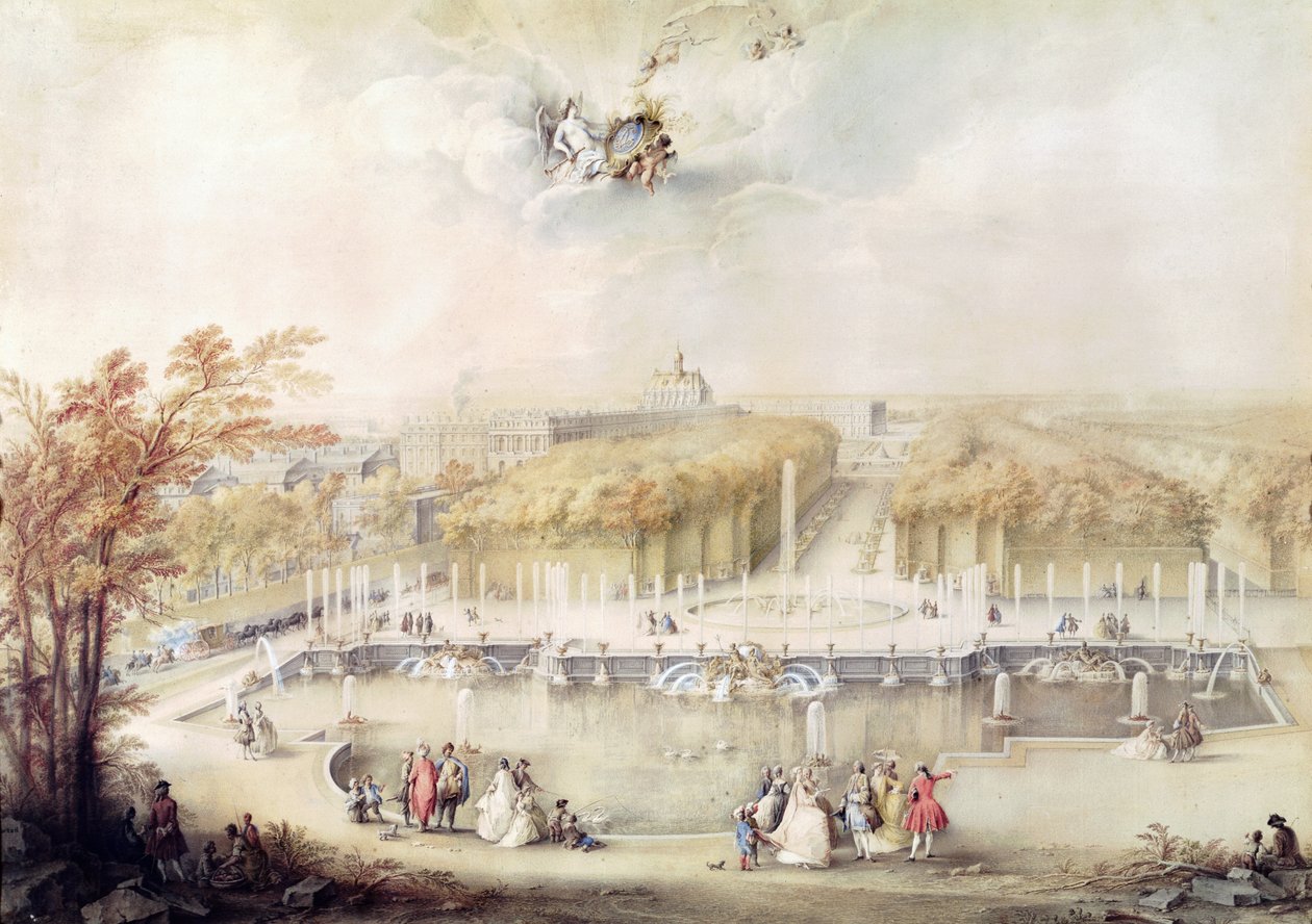 Udsigt over haverne og Versailles-slottet fra Neptun-fontænen (gouache) af Jacqes Andre Portail