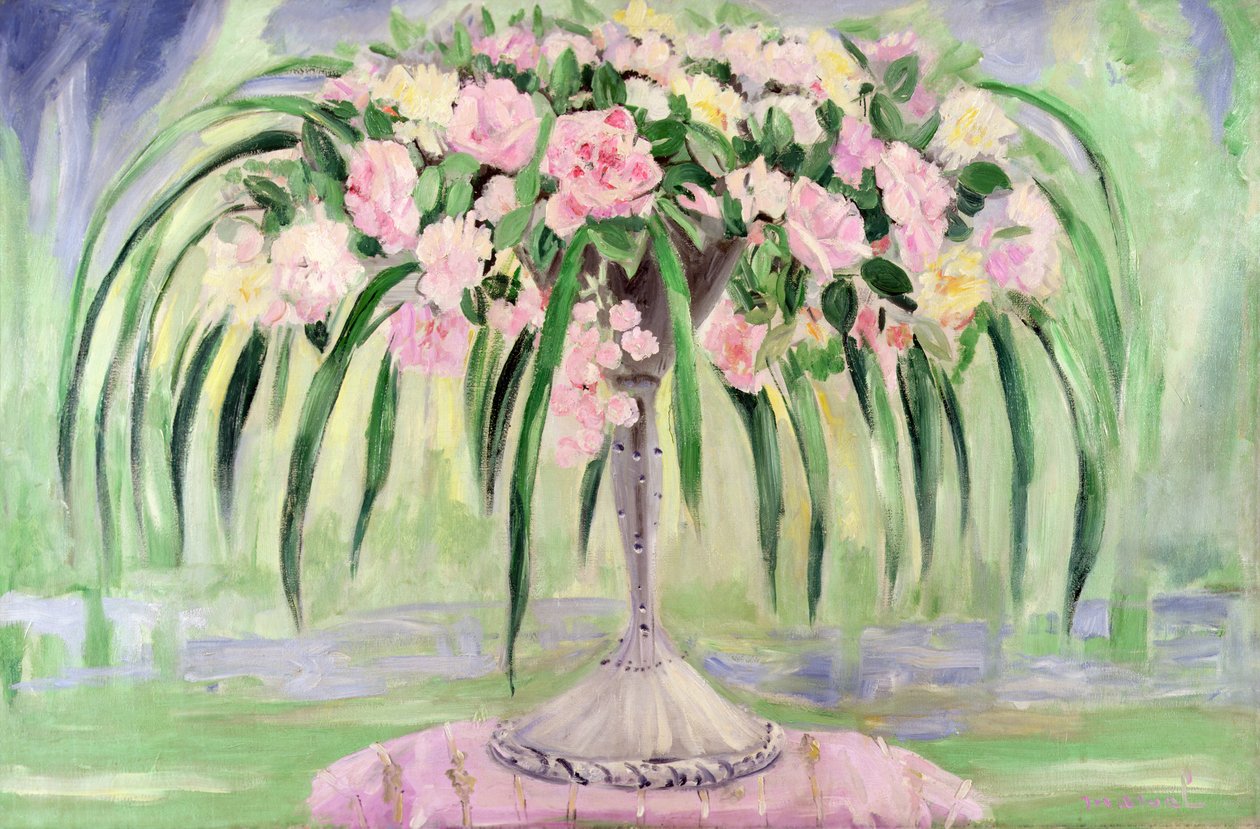 Roser i en Art Nouveau vase (olie på lærred) af Jacqueline Marval