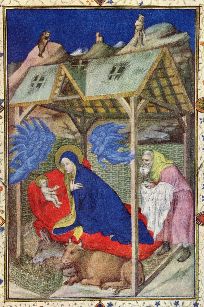 MS 11060-11061 Timer af Notre Dame: Prime, The Birth of Christ, fra Tres Riches Heures du Duc de Berry, tidligt 15. århundrede pergament detalje af 67618 af Jacquemart de Hesdin