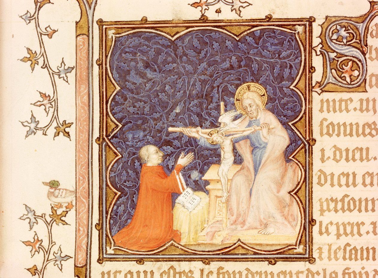 Ms Lat 18014 Jean de France (1340-1416) Hertug af Berry beder før den korsfæstede Jesus, fra Les Petites Heures de Duc de Berry, ca. 1385-90 af Jacquemart de Hesdin