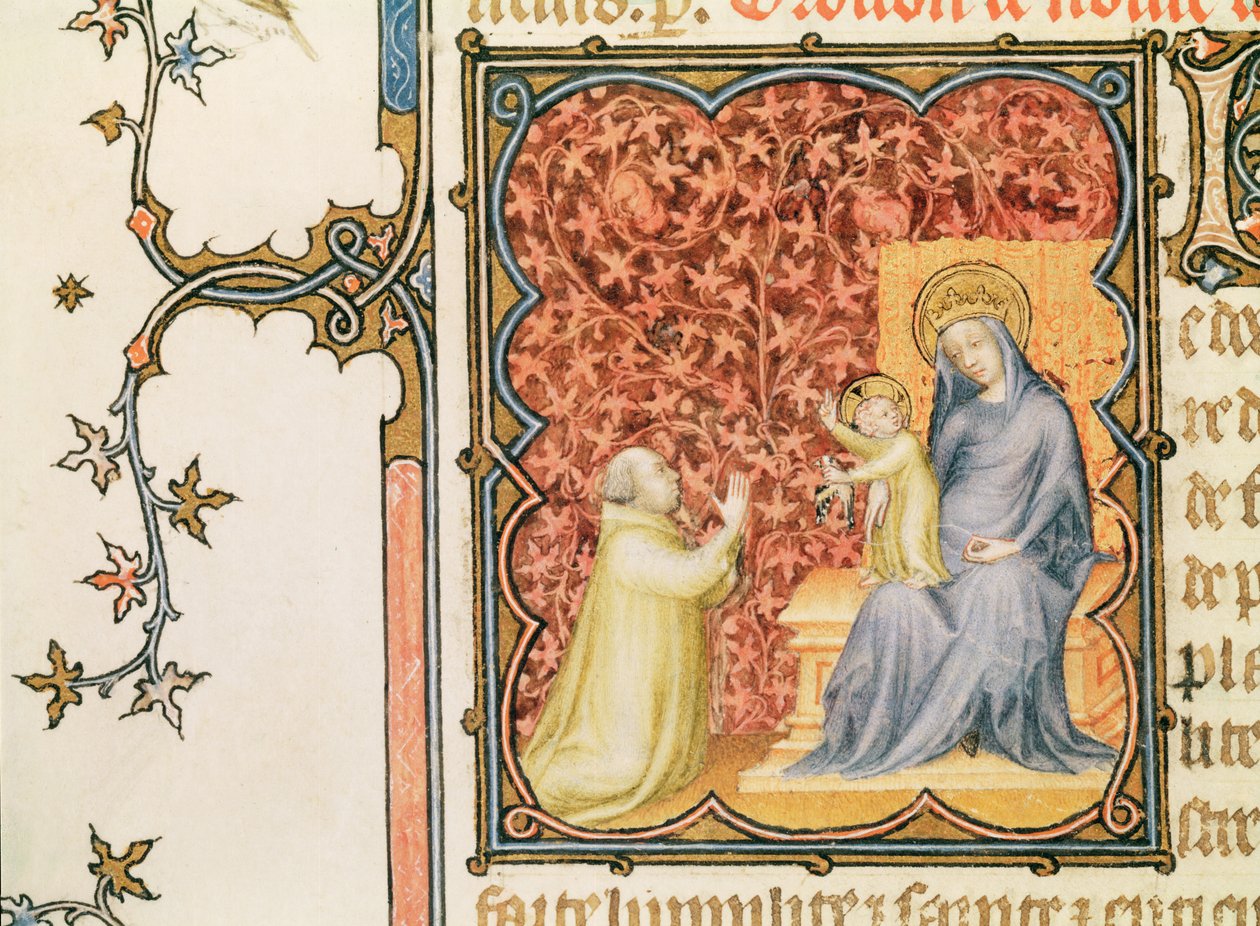 Ms Lat 18014 Jean de France (1340-1416) Hertug af Berry beder foran Jomfruen og Barnet, fra Les Petites Heures de Duc de Berry, ca. 1385-90 af Jacquemart de Hesdin