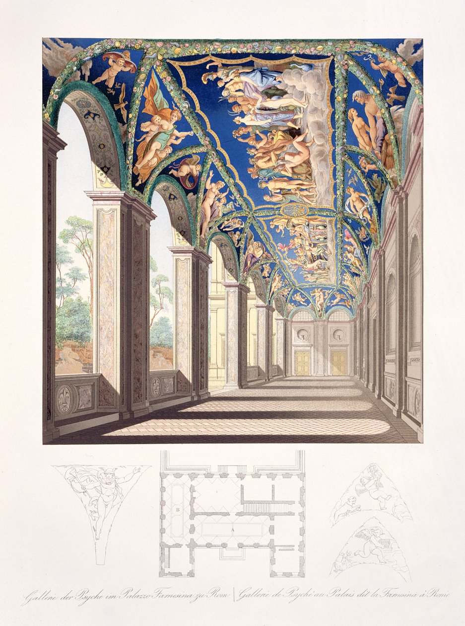 The Gallery of Psyche på Villa Farnesina, Rom, fra et sæt på tolv graveringer, udgivet 1693 (håndfarvet kobberstik) af Jacques Belly