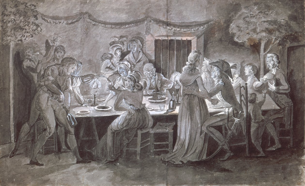 Et aftenbryllupsmåltid (pen og blæk og gouache på papir) af Jacques Bertaux