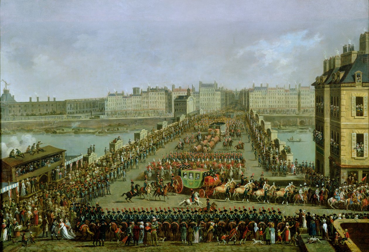 Den kejserlige procession vender tilbage til Notre Dame til den hellige ceremoni den 2. december 1804, krydser Pont-Neuf af Jacques Bertaux