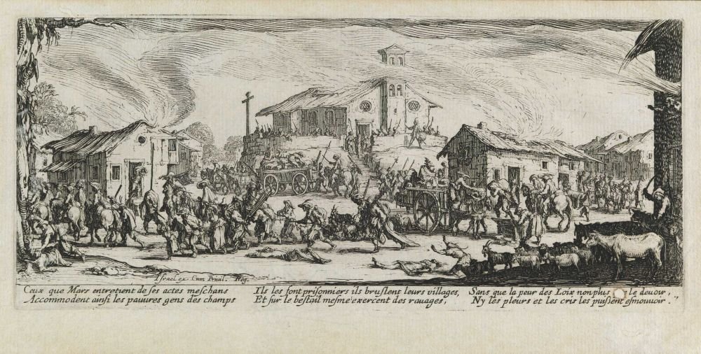Plyndring og afbrænding af en landsby Les miseres et les mal-heures de la guerre, pl. 7 af Jacques Callot